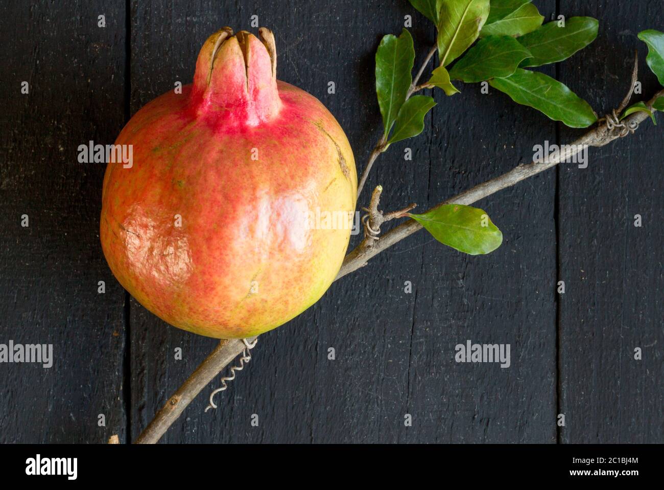 Pomegranite fruits entiers et feuillages verts sur table en bois noir close up Banque D'Images
