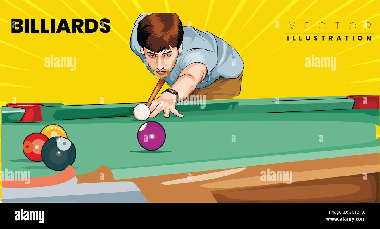 Homme jouant action tir billard Table Pool Cue et balles illustration vectorielle Illustration de Vecteur