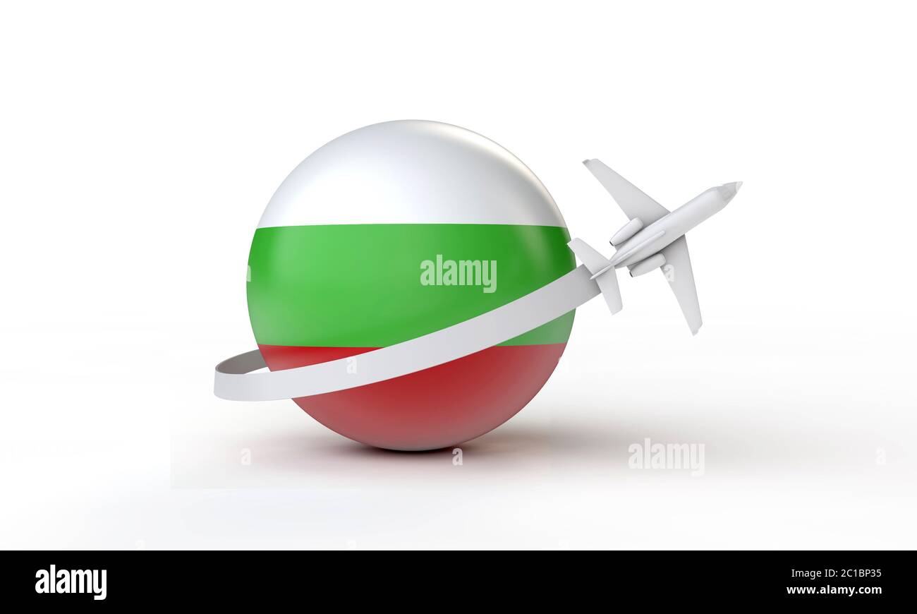 Concept Voyage en Bulgarie. Avion volant autour du drapeau. Rendu 3D. Banque D'Images