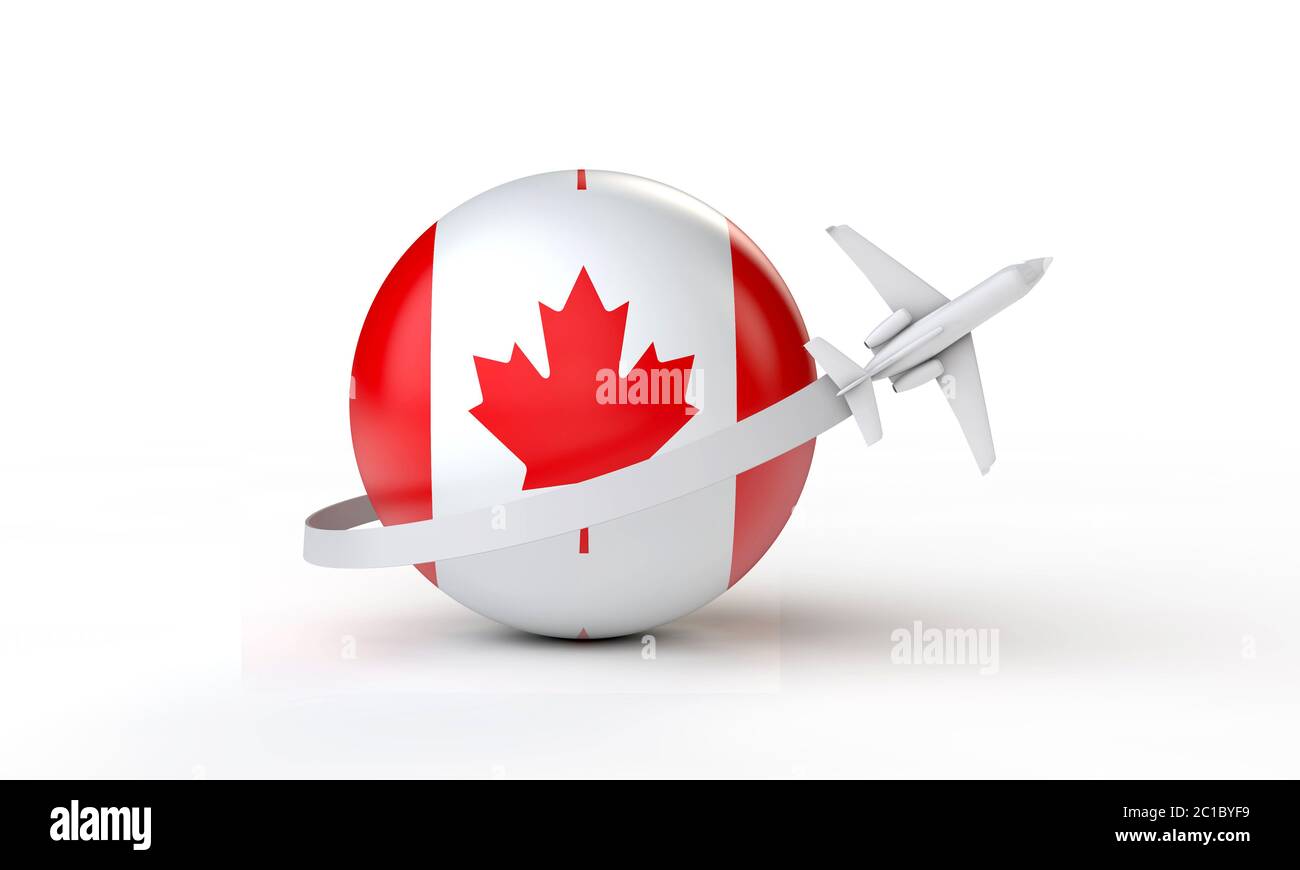 Concept de voyage au Canada. Avion volant autour du drapeau. Rendu 3D. Banque D'Images