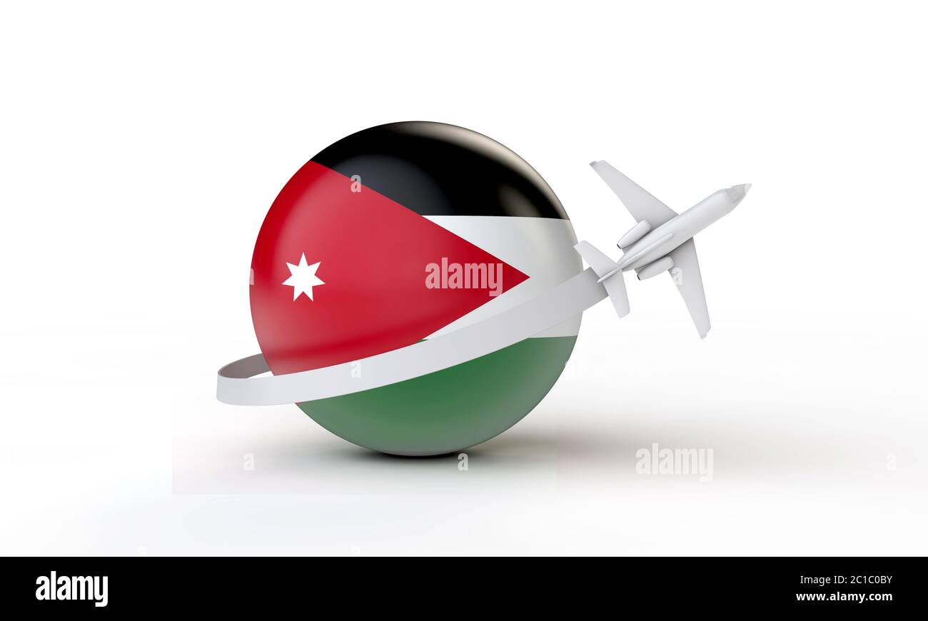 Concept Voyage en Jordanie. Avion volant autour du drapeau. Rendu 3D. Banque D'Images