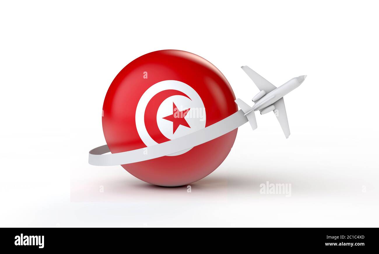 Concept Voyage en Tunisie. Avion volant autour du drapeau. Rendu 3D. Banque D'Images