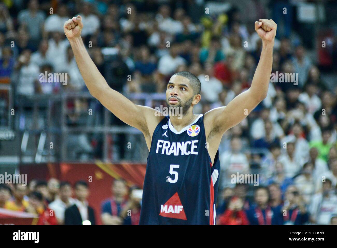 Nicolas Batum (France) célèbre la victoire sur les Etats Unis. Coupe du Monde de Basket-ball de la FIBA, Chine 2019, 1/4 de finale Banque D'Images