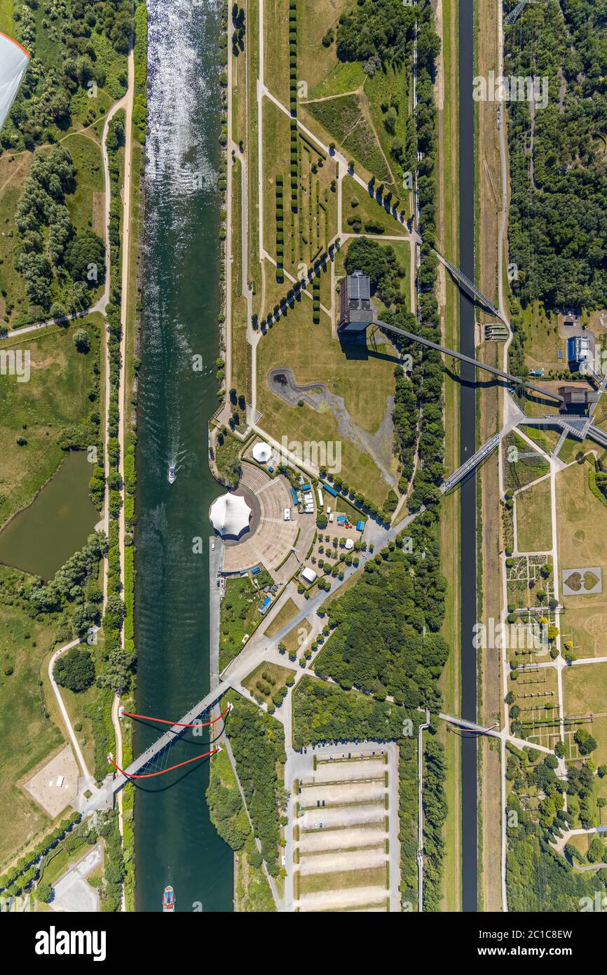 Photo aérienne, Nordsternpark, amphithéâtre, canal Rhin-Herne, Horst, Gelsenkirchen, région de la Ruhr, Rhénanie-du-Nord-Westphalie, Allemagne, DE, Europe, oiseaux-yeux Banque D'Images