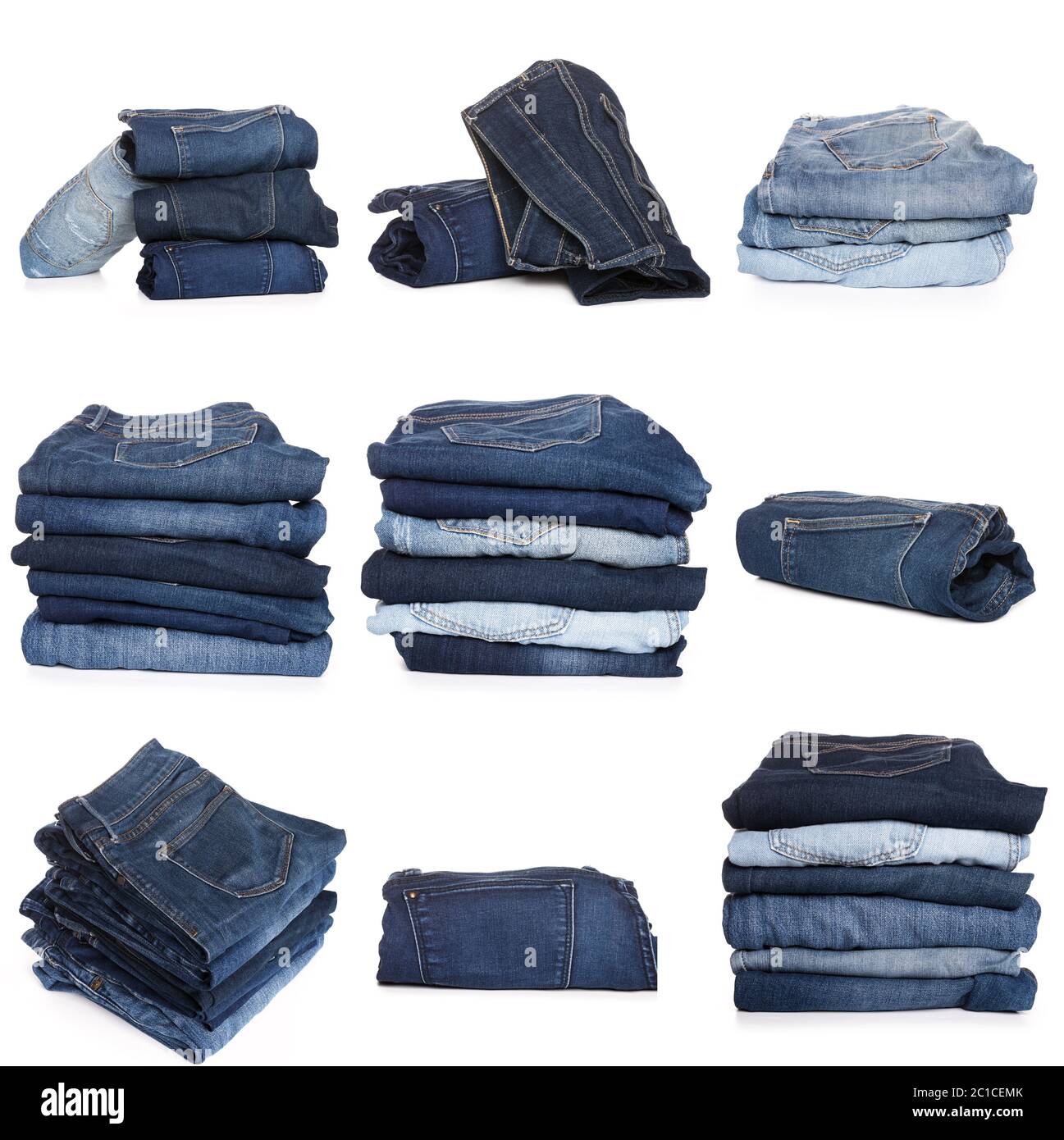 Collection de jeans pliés isolés sur fond blanc Banque D'Images