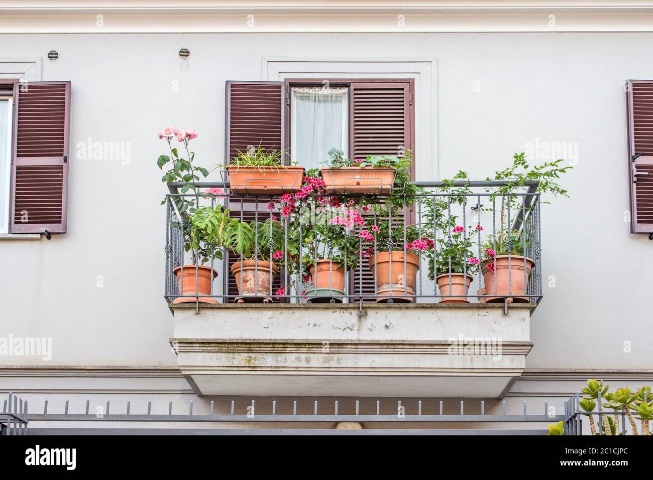 Balcon avec des fleurs dans le centre-ville de Rome Banque D'Images