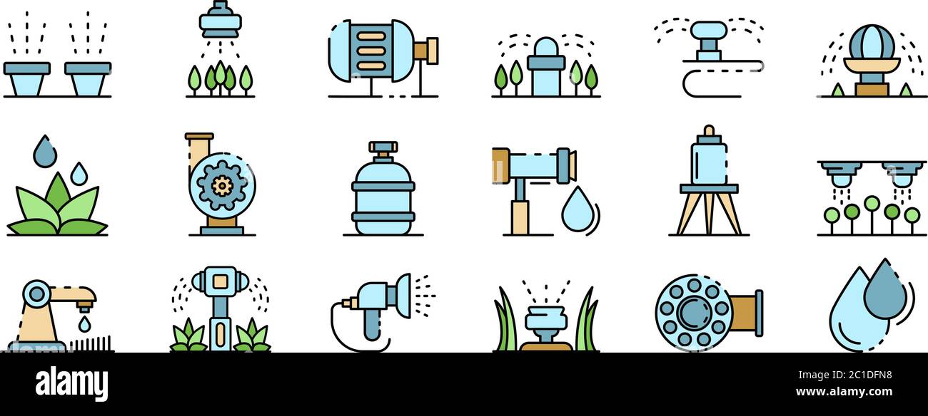 Les icônes du système d'irrigation définissent le vecteur de couleur de ligne Illustration de Vecteur
