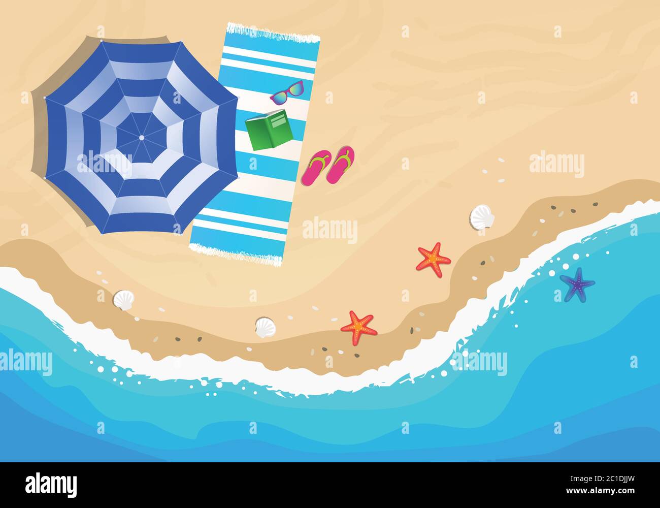 Plage d'en haut, vue avec parasol, serviette de plage, lunettes de soleil et flip flop. Illustration vectorielle dessinée à la main Illustration de Vecteur