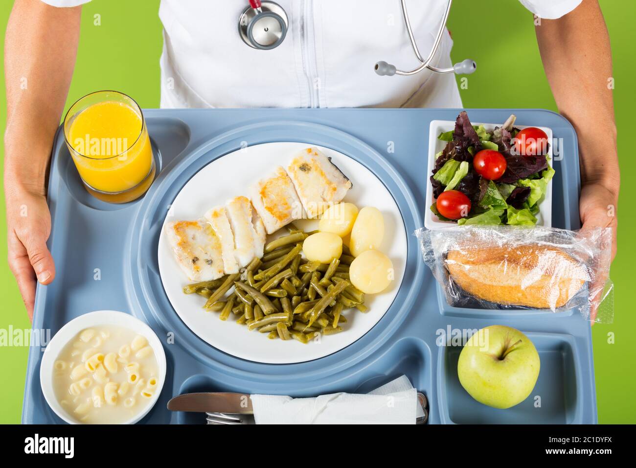 Professionnel de la santé avec un plateau de nourriture à un patient Banque D'Images