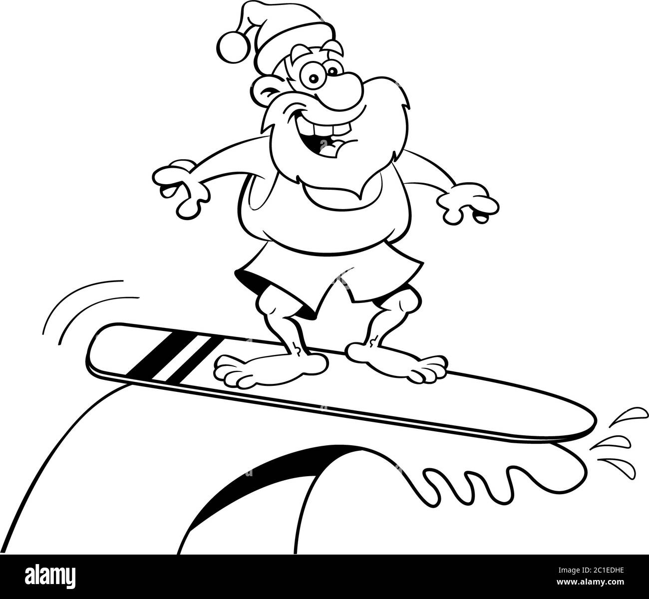 Illustration noire et blanche du Père Noël à bord d'une planche de surf. Banque D'Images