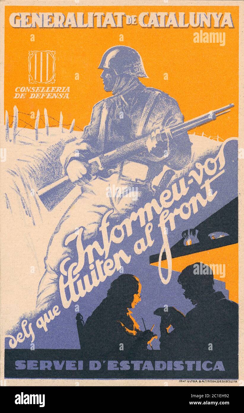 Guerre civile espagnole 1936/1939, affiche de propagande du ministère de la défense du gouvernement de Catalogne 'information avant la bataille au Front S. Banque D'Images