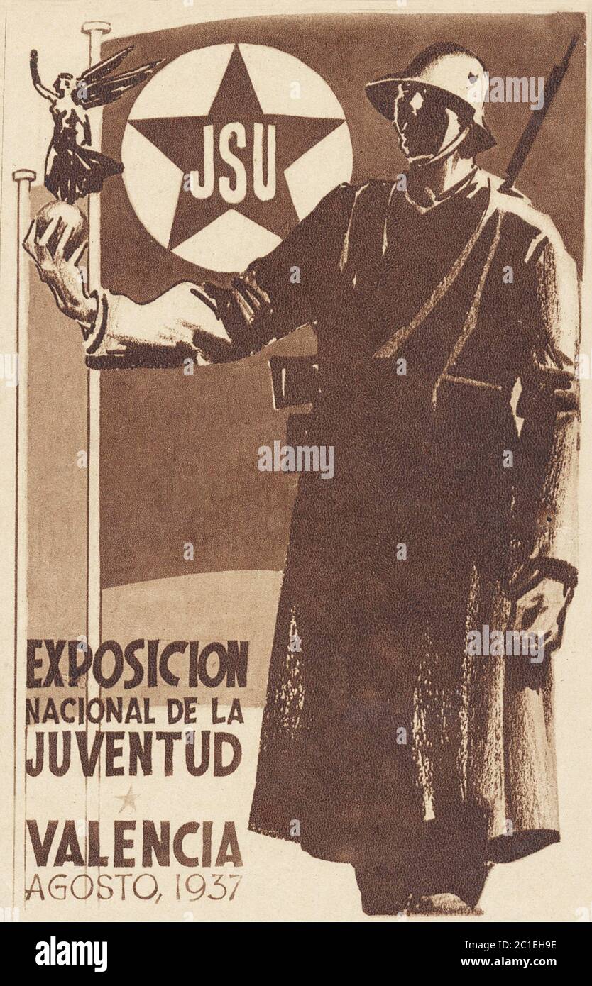 Guerre civile espagnole 1936/1939, affiche de propagande du JSU (Jeunesse socialiste unie) 'exposition nationale de la jeunesse Valencia août 1937' Banque D'Images