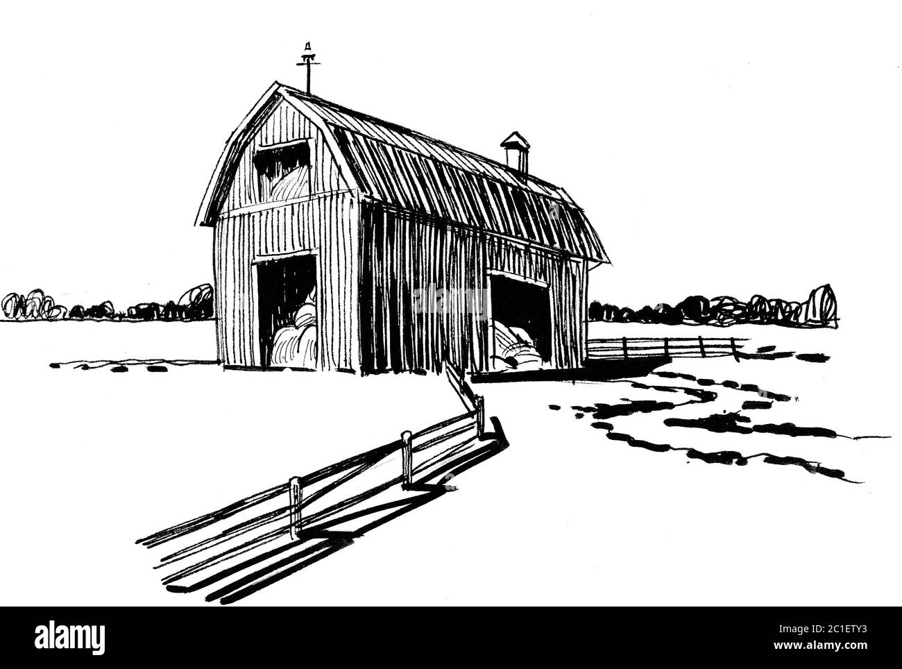 Grange à la campagne. Dessin noir et blanc Photo Stock - Alamy