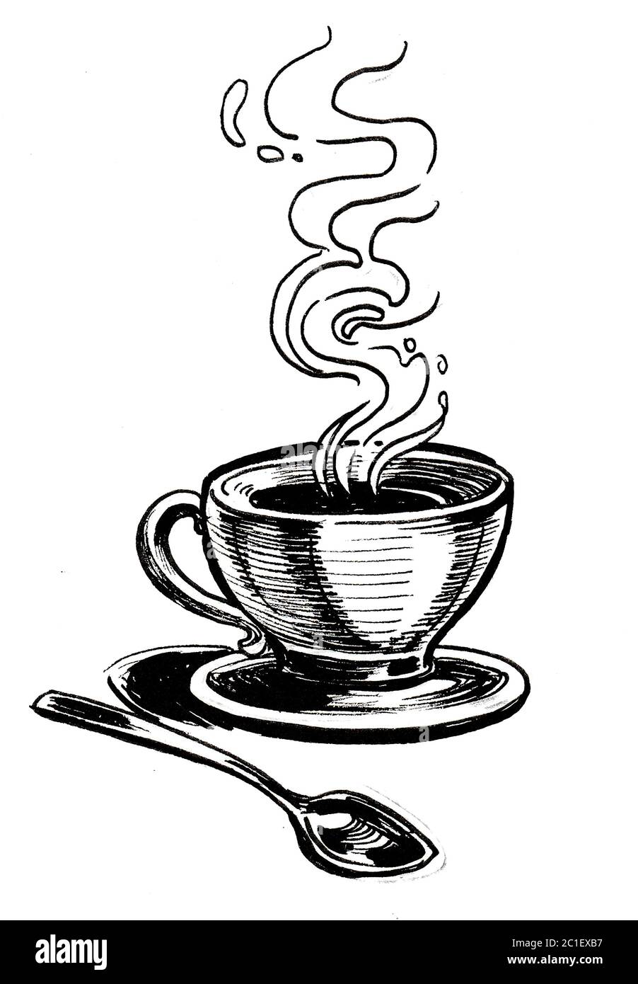 Tasse de café sur soucoupe avec cuillère, encre noire et dessin blanc Banque D'Images