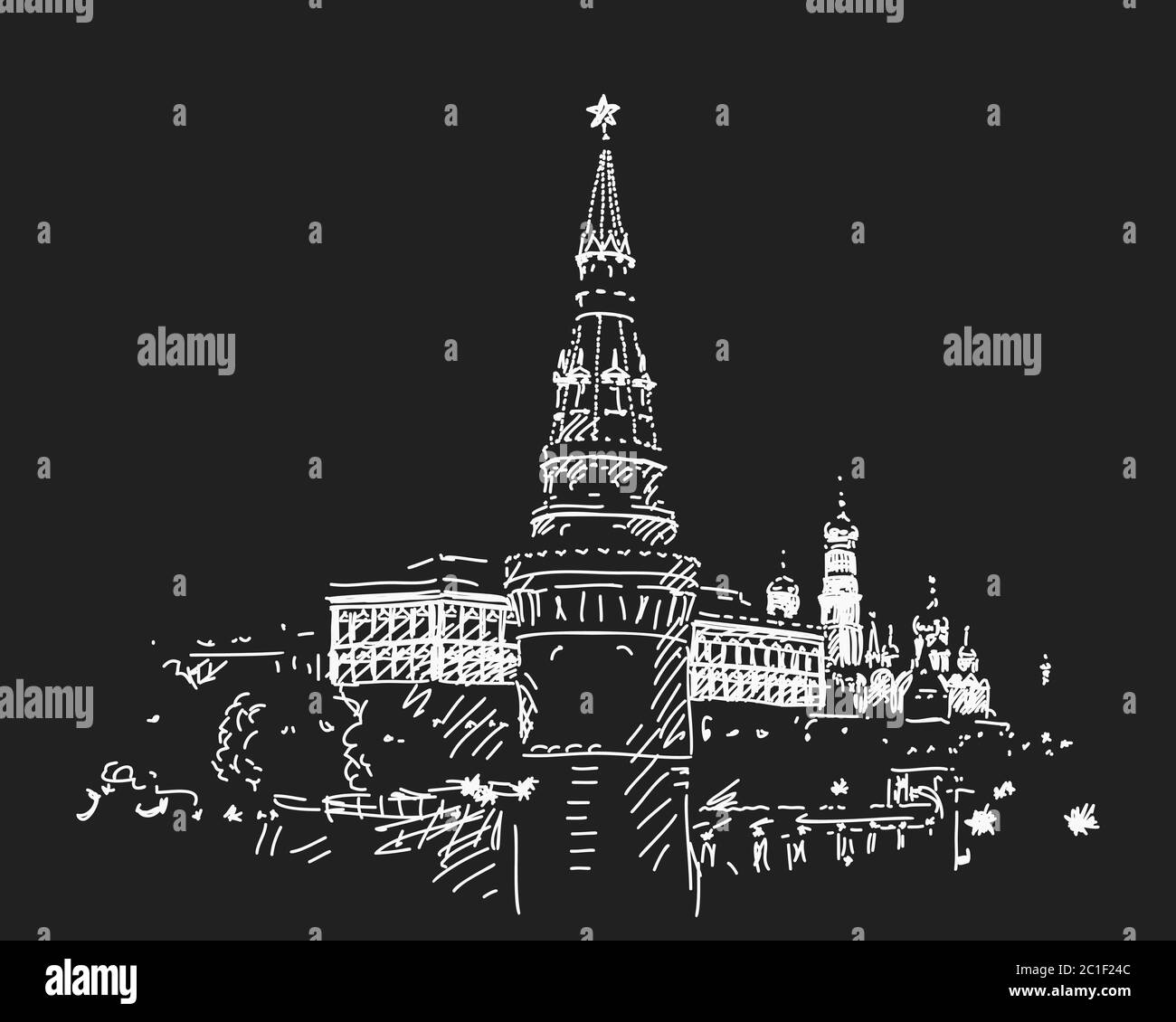 04 janvier 2017 : Moscou Kremlin la nuit, dessin de vecteur blanc sur fond noir Illustration de Vecteur