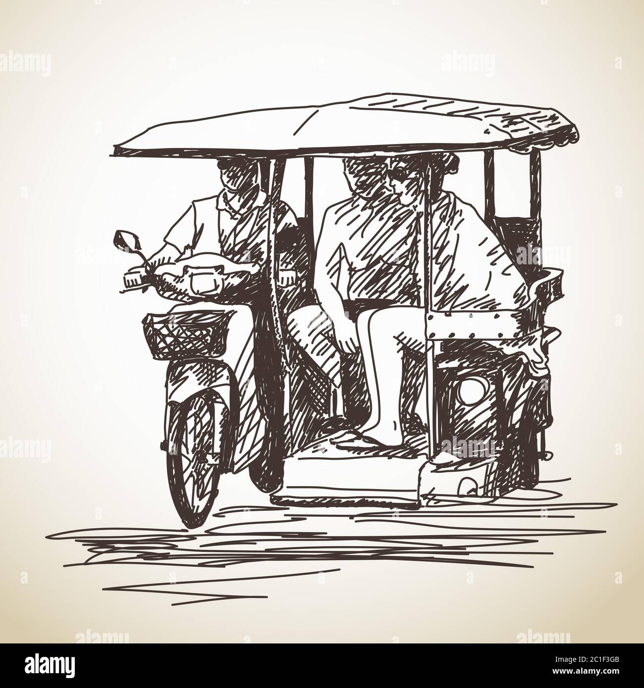 Croquis de tricycle moto moto taxi avec illustration vectorielle de touriste à la main Illustration de Vecteur