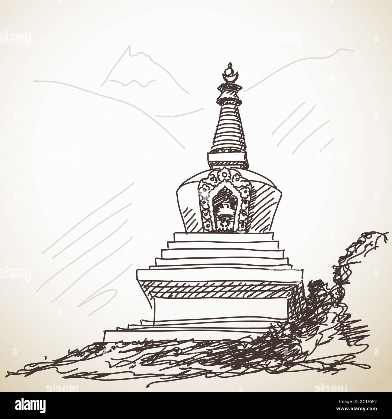 Stupa bouddhiste en montagne, illustration dessinée à la main, esquisse vectorielle Illustration de Vecteur