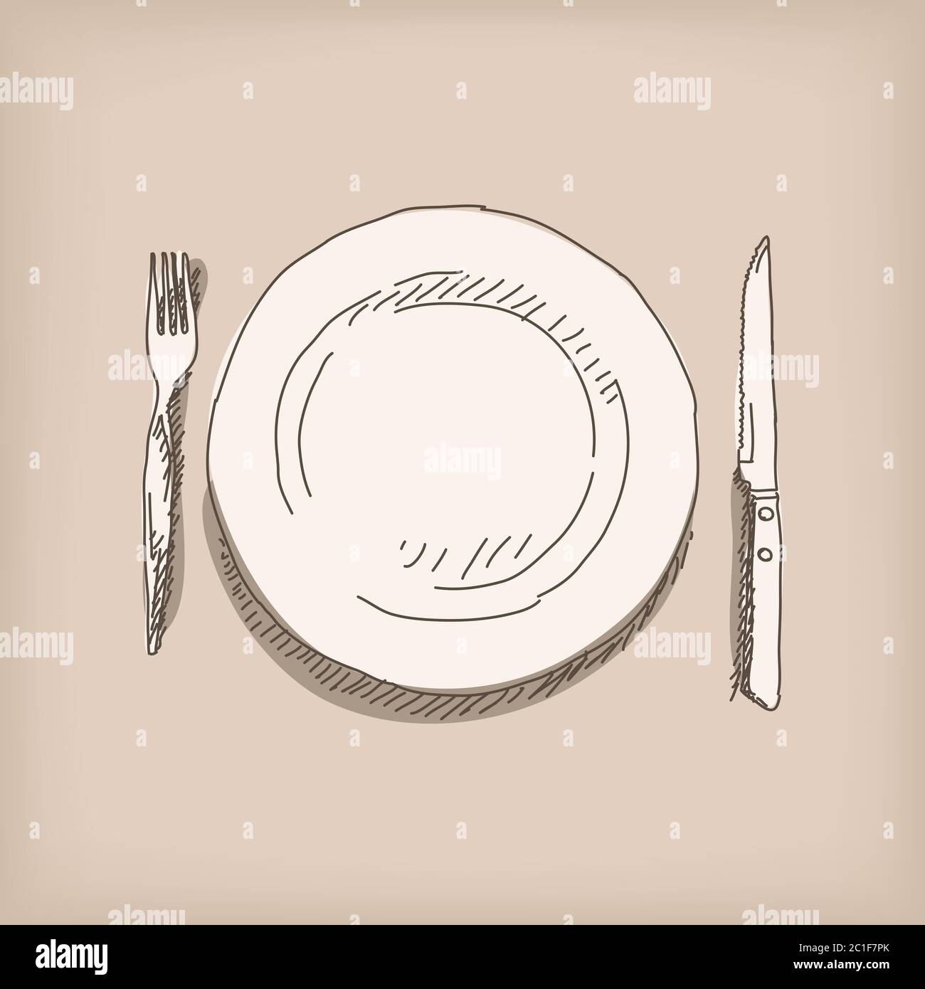 Esquisse de la plaque, du couteau, de la fourche. Illustration dessinée à la main vecteur, isolé Illustration de Vecteur