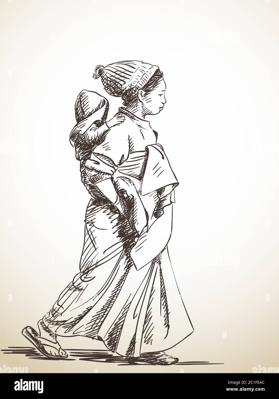 Croquis De Femme Porte Bebe Sur Son Dos Illustration Dessinee A La Main Image Vectorielle Stock Alamy