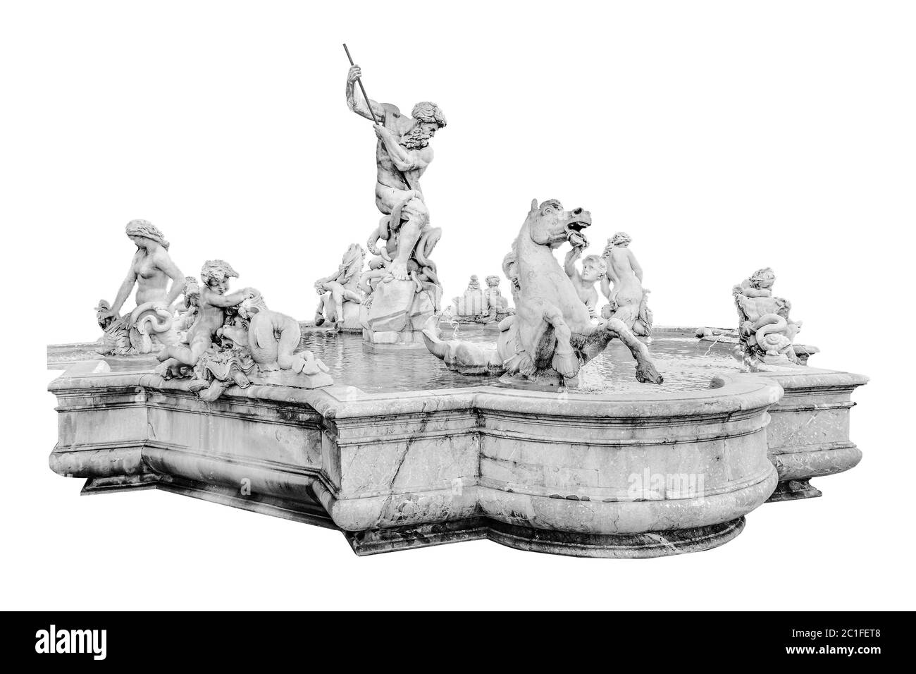 Fontaine Neptuno isolée sur fond blanc Banque D'Images