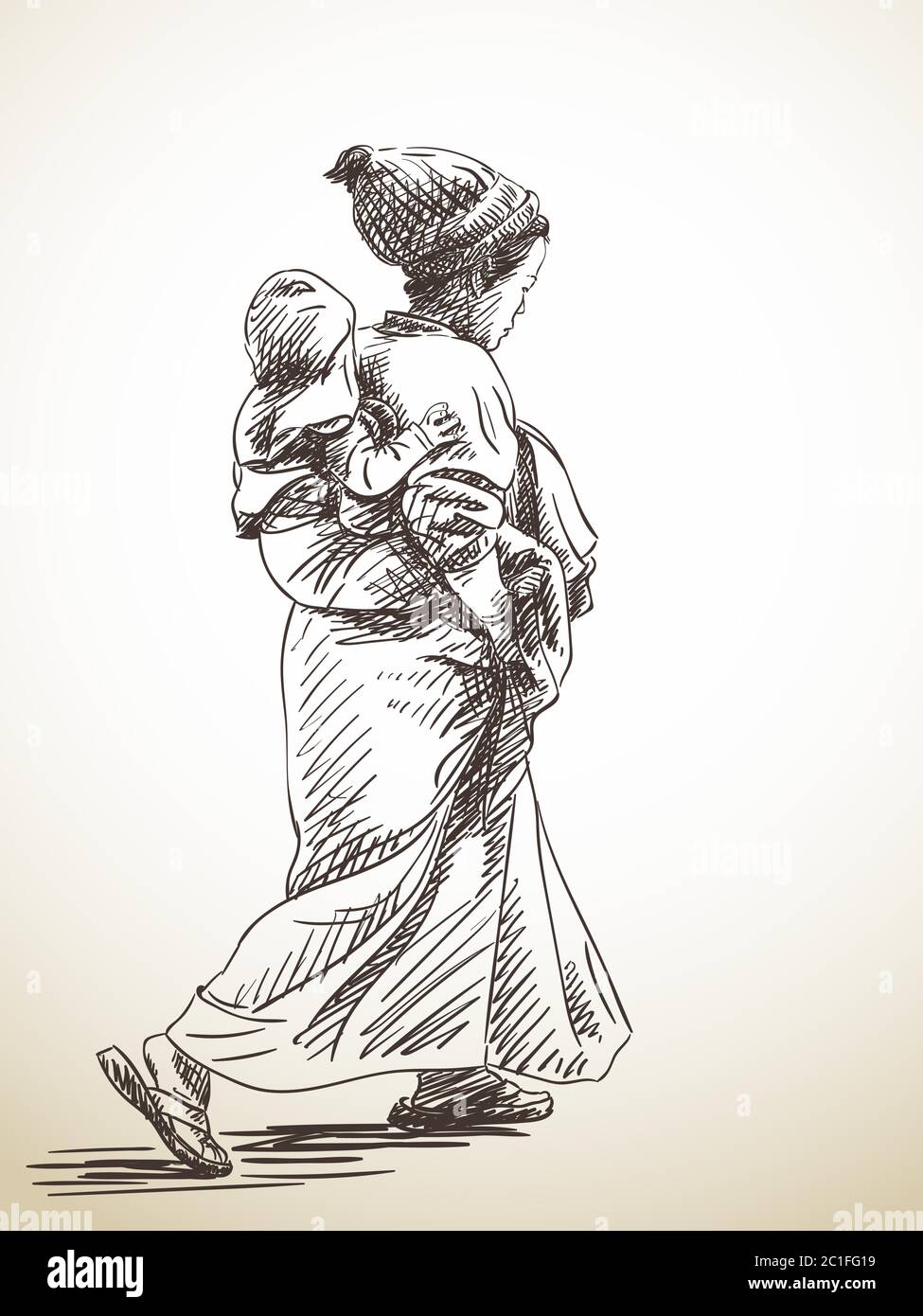 Croquis De Femme Porte Bebe Sur Son Dos Illustration Dessinee A La Main Image Vectorielle Stock Alamy