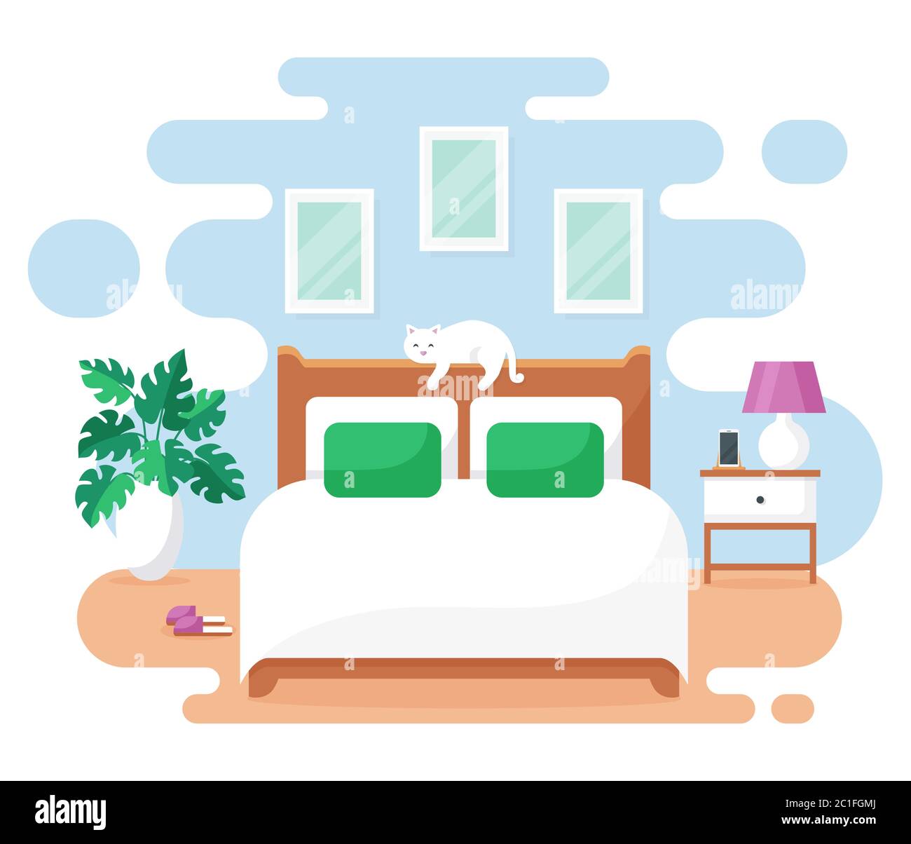 Intérieur de la chambre. Bannière moderne. Vecteur. Design d'une chambre confortable avec lit double, table de chevet, chat mignon, et accessoires de décoration. Ameublement. Plat Illustration de Vecteur