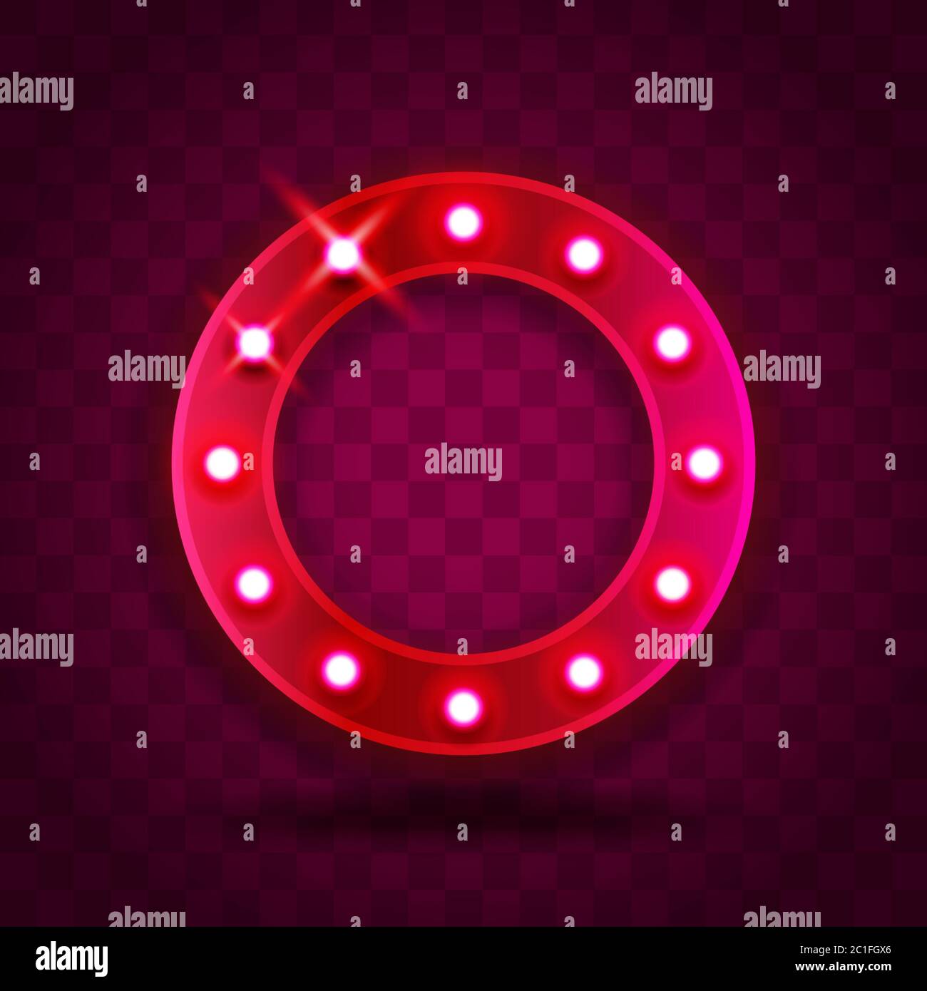 Rétro MONTRER LES SIGNES DU CADRE DU CERCLE TEMPOREL illustration vectorielle réaliste. Cadre rond rose rouge avec ampoules électriques pour les performances, le cinéma et le divertissement Illustration de Vecteur