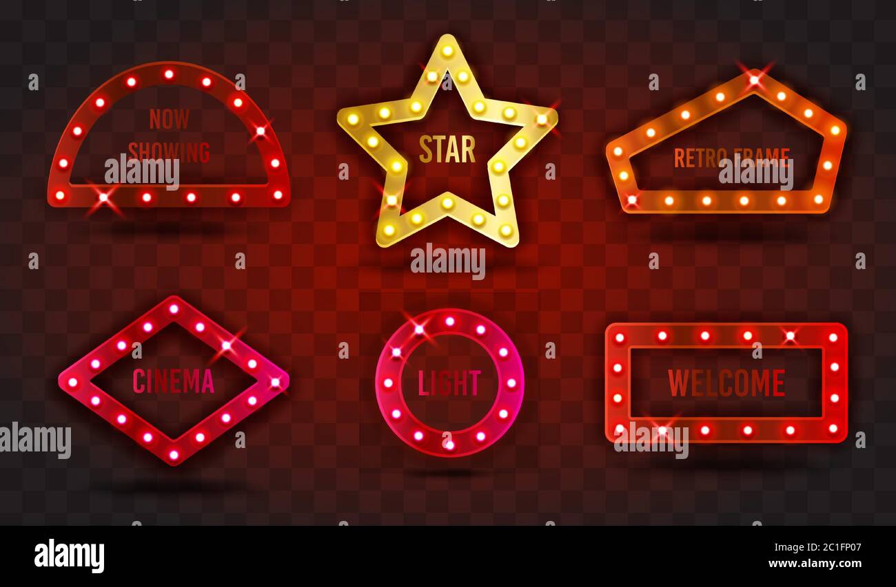 Rétro-AFFICHAGE SIGNES DE TEMPS jeu d'illustrations vectorielles réalistes. Collection de cadres avec ampoules électriques pour la performance, le cinéma, le divertissement, le casino Illustration de Vecteur