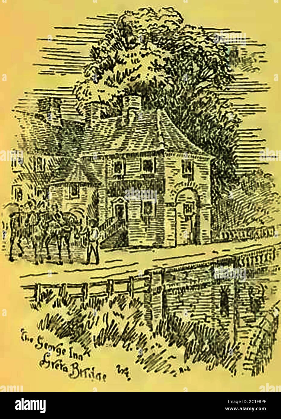 Un croquis historique du George Inn (propriétaire M. Ferguson) Greta Bridge, Royaume-Uni. Utilisé par les chevaux comme arrêt d'autocar à l'ère de l'entraînement. L'auberge a été rendue célèbre par Charles Dickens comme la maison où M. Wackford Squeers, Nicholas Nickleby, et les garçons ont été mis en place après leur voyage de Londres à Dotheboys Hall. Une autre auberge, The New Inn, se trouvait à 800 mètres. Banque D'Images