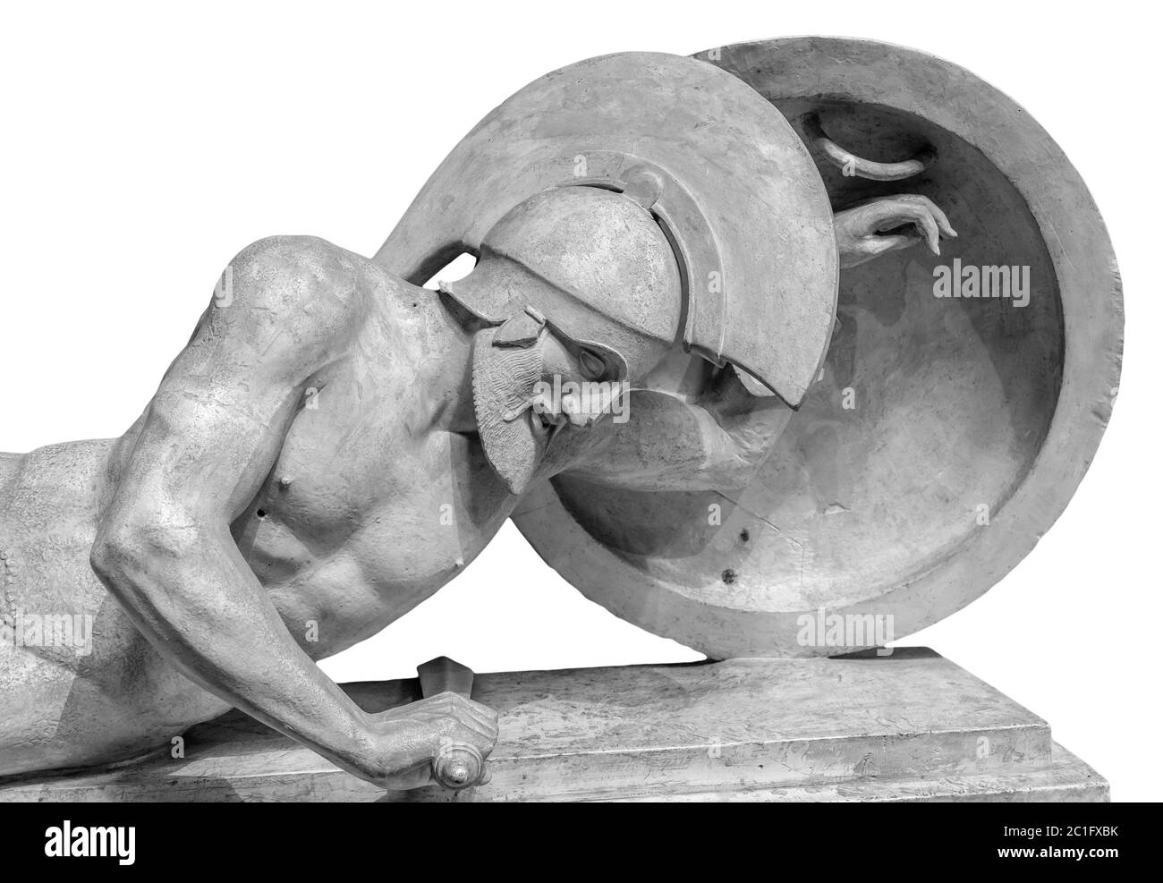 Statue de guerrier en casque isolée sur fond blanc Banque D'Images