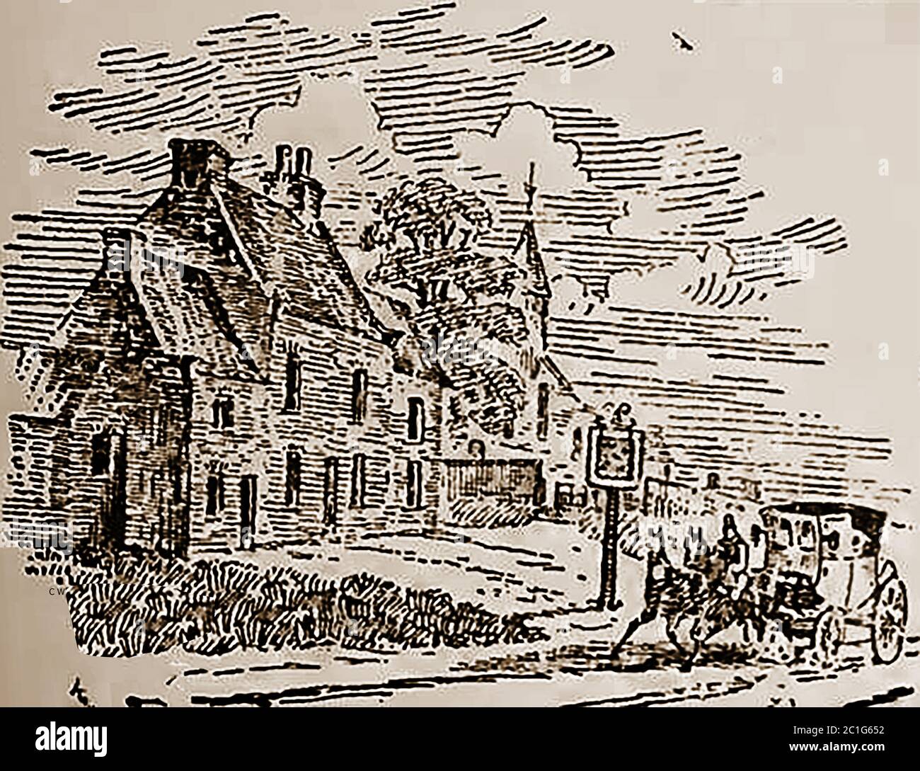 Un croquis historique de l'Arms Inn de Blacksmitts à Great Smeaton quand il s'agissait d'un arrêt régulier d'entraîneur de courrier pendant les jours de l'entraînement. Il s'agit de six chevaux appartenant à M. Robert Smith, de Northallerton. Cet ancien relais et poste a été gardé par trois générations de Tweedies. M. William Tweedie a agi en qualité conjointe de maître d'inninnkeeper et de maître de poste, était considéré comme un homme typiquement ancien anglais. L'auberge a été transformée plus tard en chalets Banque D'Images