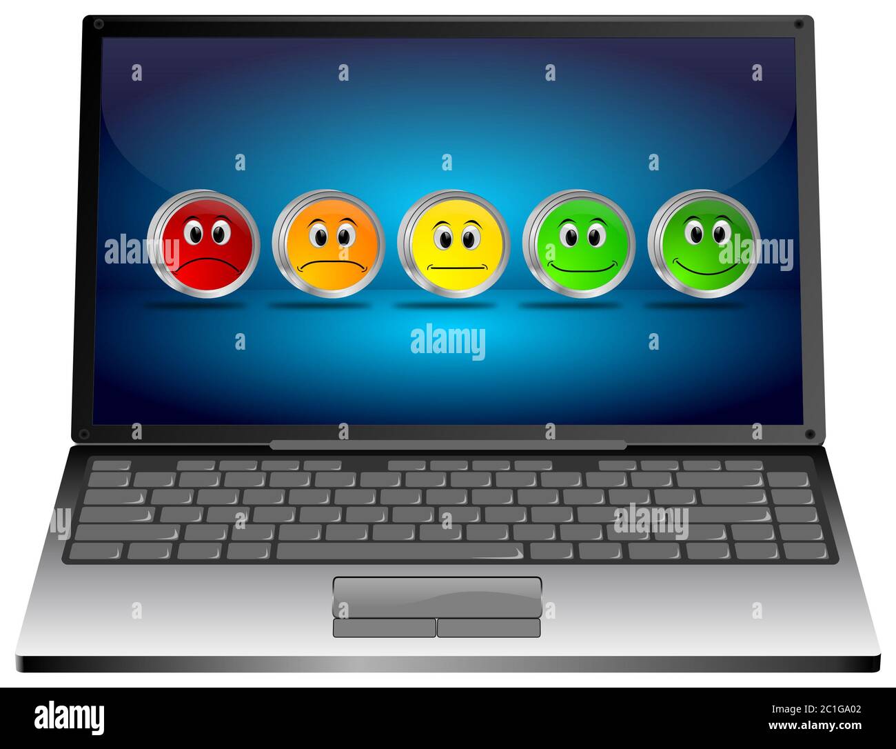 Ordinateur portable avec cinq boutons de rétroaction colorés - illustration 3D Banque D'Images