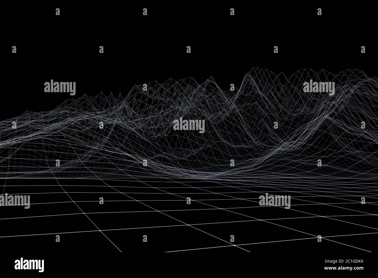Paysage polygonal filaire. Montagnes avec lignes et points connectés Banque D'Images