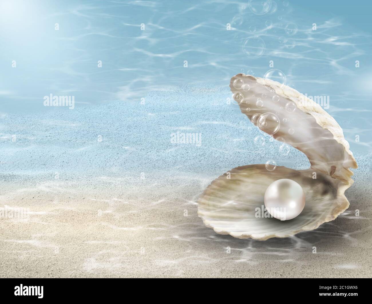 Perle dans la coquille d'huître sous l'océan ondulations - illustration combinée avec photo - image conceptuelle Banque D'Images