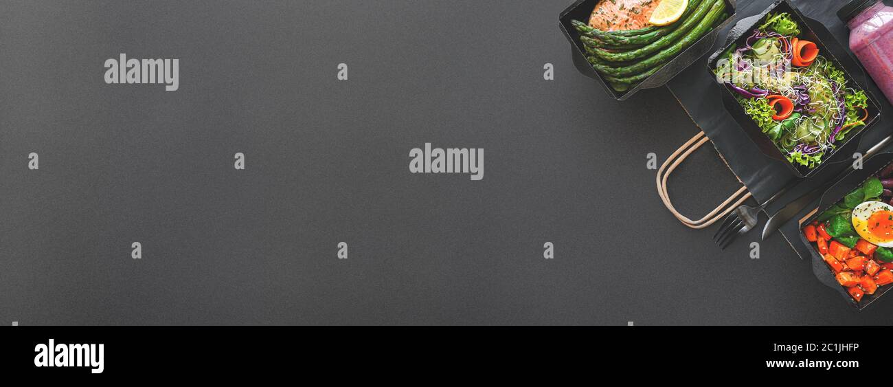 Menu repas santé prêt régime dans des boîtes, concept de livraison de nourriture, bannière. Banque D'Images