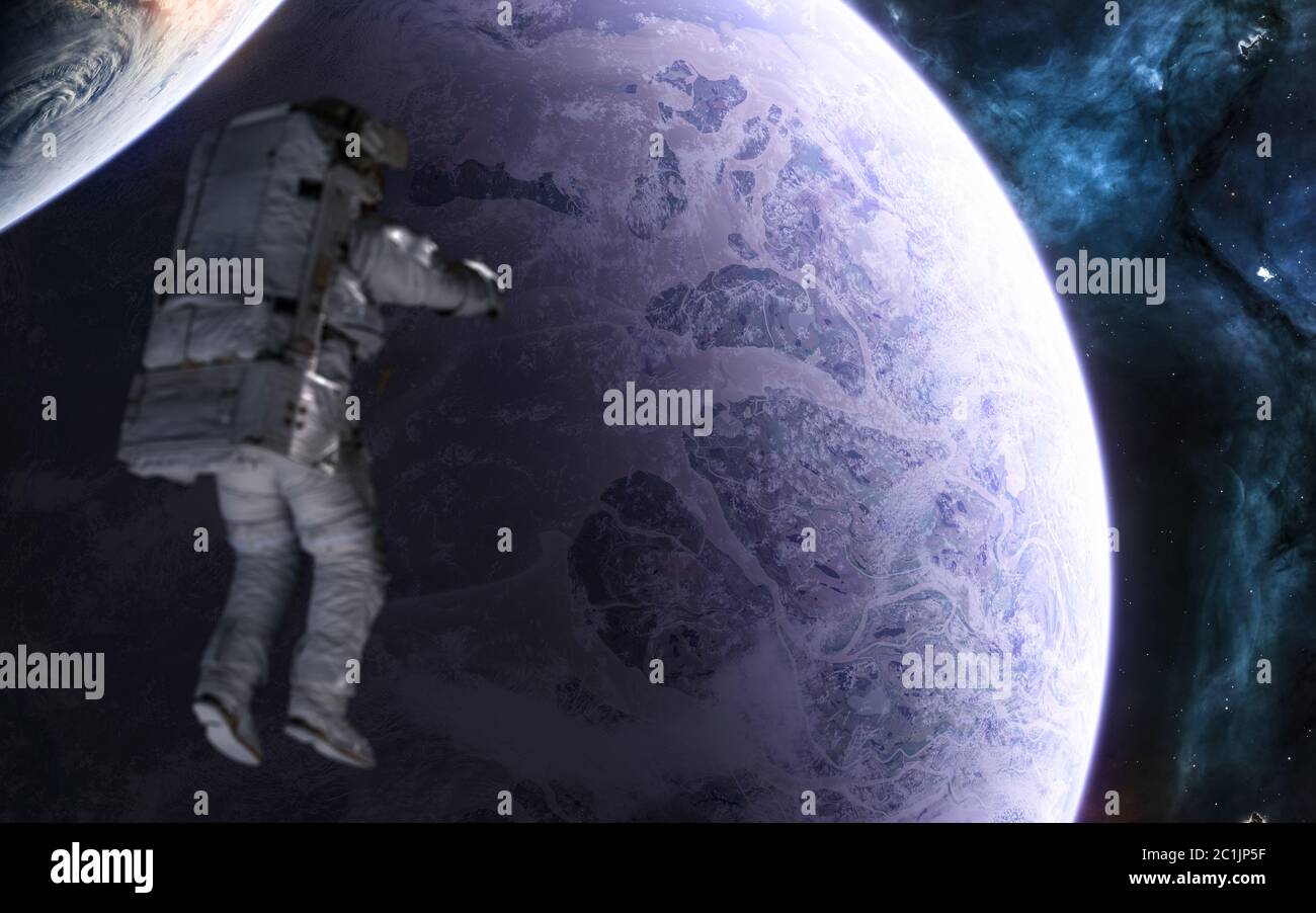 Planètes, astronaute dans l'espace profond. Science-fiction Banque D'Images