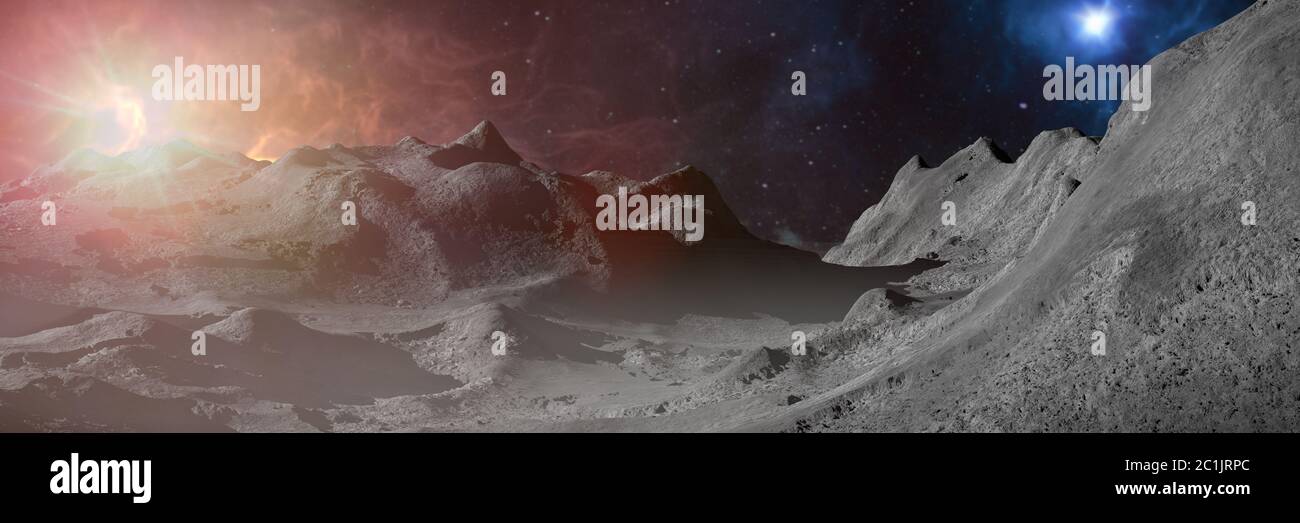 Surface lunaire, paysage lunaire avec nébuleuse colorée Banque D'Images