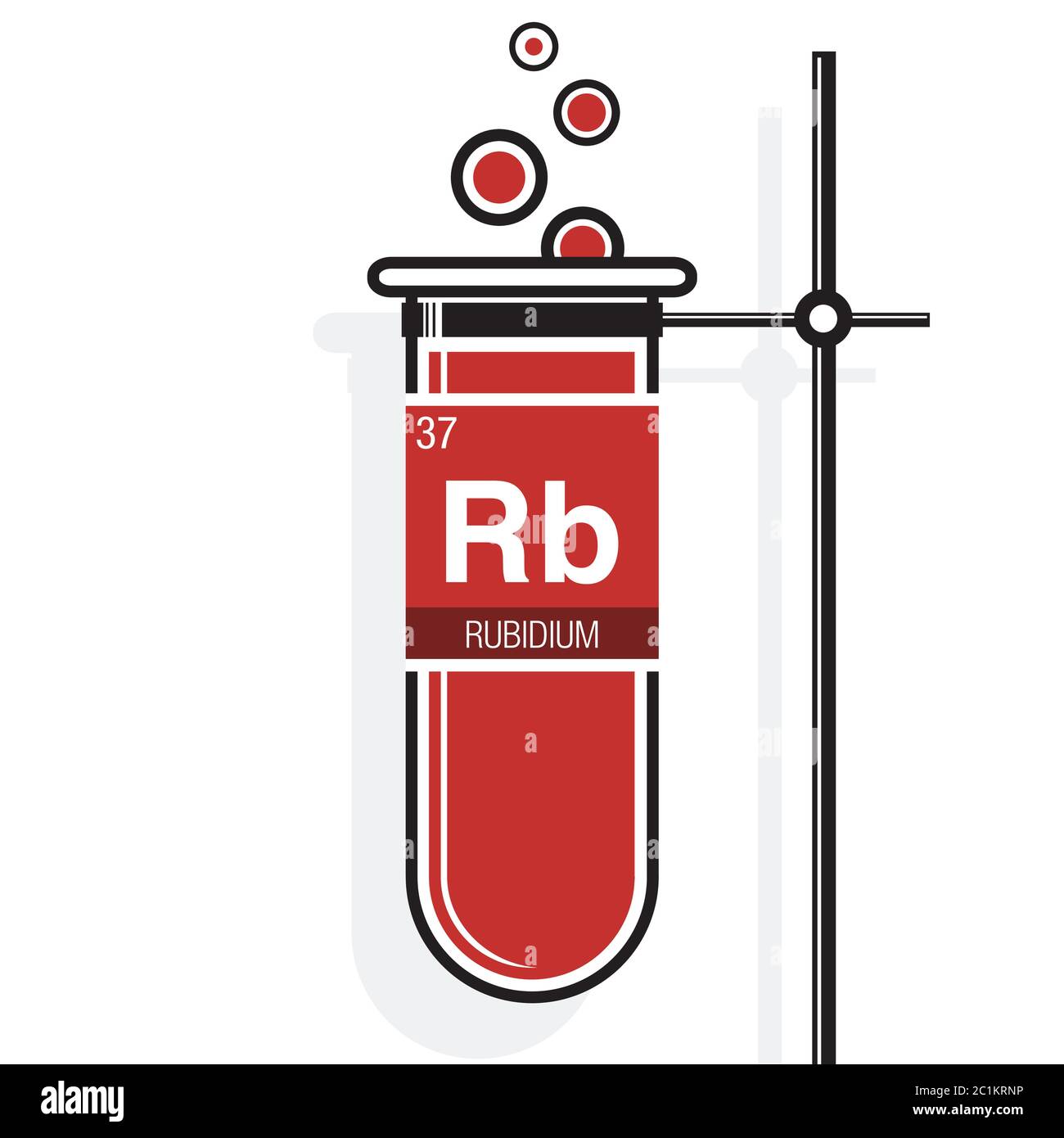 Symbole rubidium sur l'étiquette dans un tube à essai rouge avec support. Élément numéro 37 du tableau périodique des éléments - Chimie Illustration de Vecteur