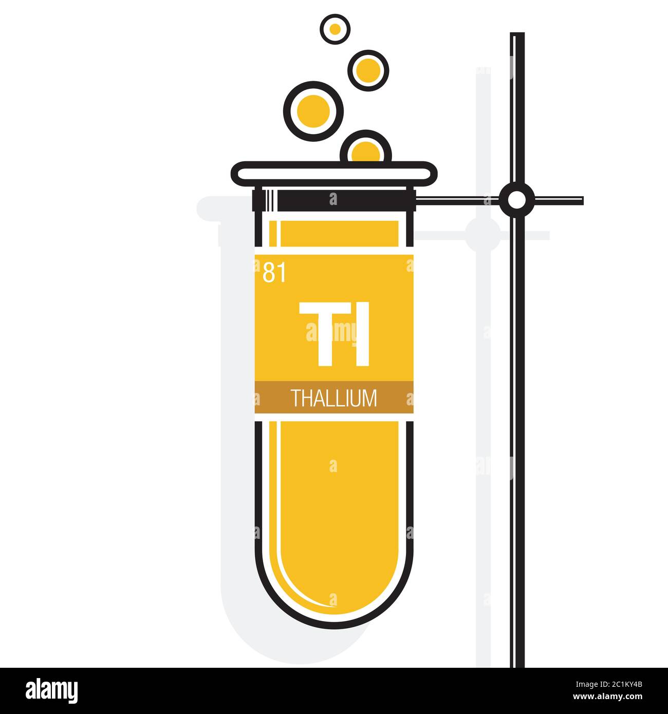 Symbole de thallium sur l'étiquette dans un tube à essai jaune avec support. Élément numéro 81 du tableau périodique des éléments - Chimie Illustration de Vecteur
