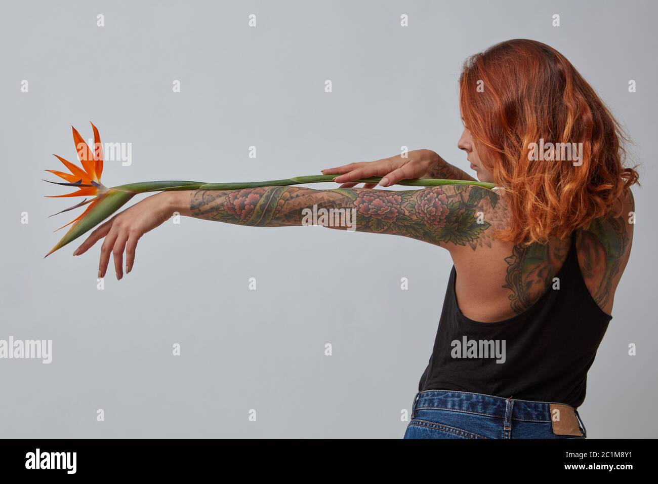 La fleur de strelitzia exotique décorera la main d'une femme avec un tatouage sur un fond gris avec un espace de copie pour le texte. Banque D'Images