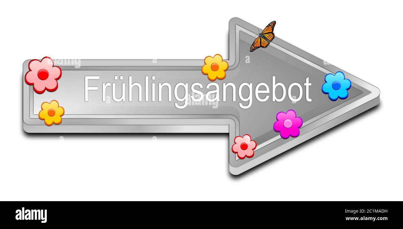 Décoration argent Spring offre bouton flèche - en allemand - illustration 3D Banque D'Images