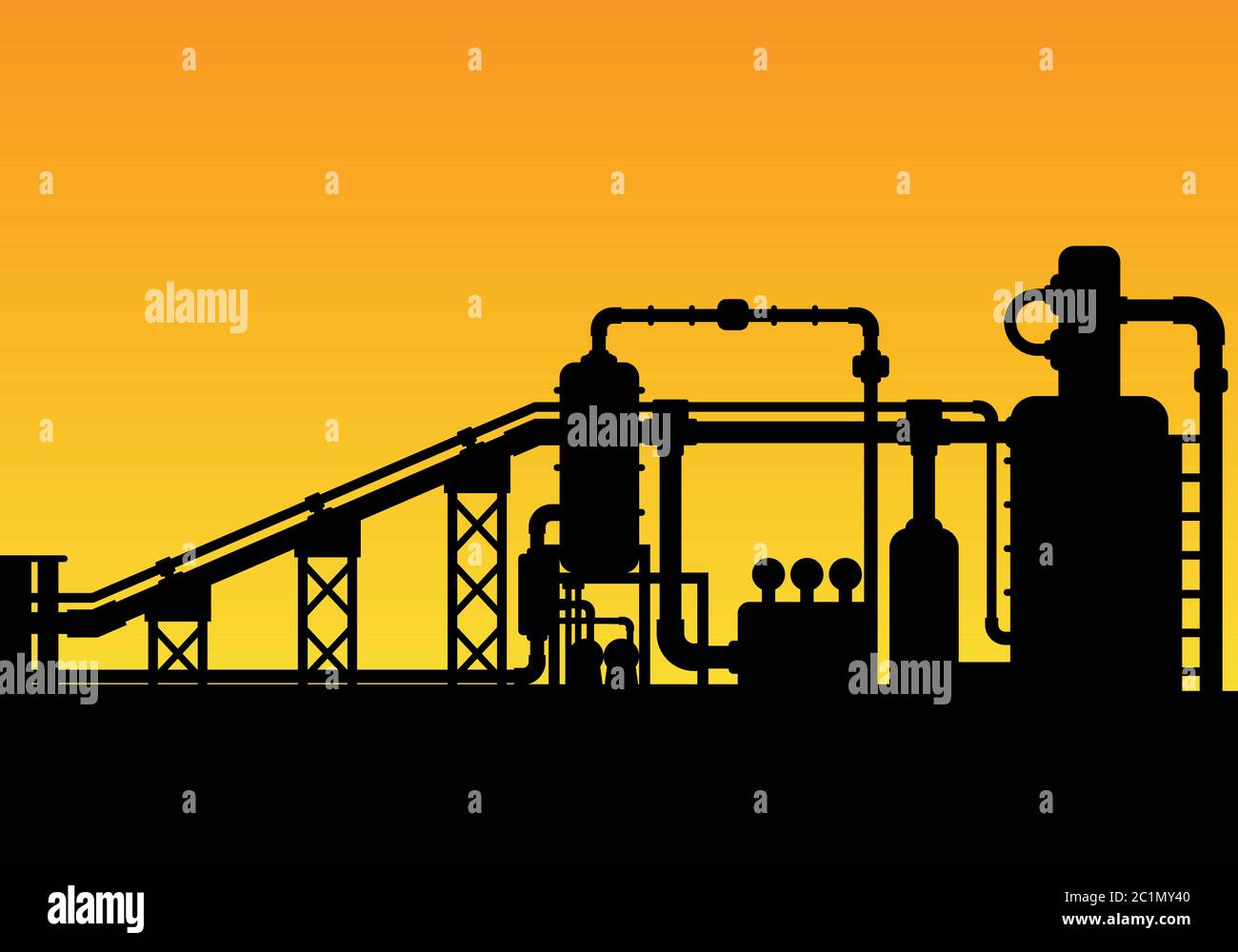 Silhouette d'un bâtiment d'usine de fabrication avec tours, tubes et tuyaux de production pour l'industrie chimique Illustration de Vecteur