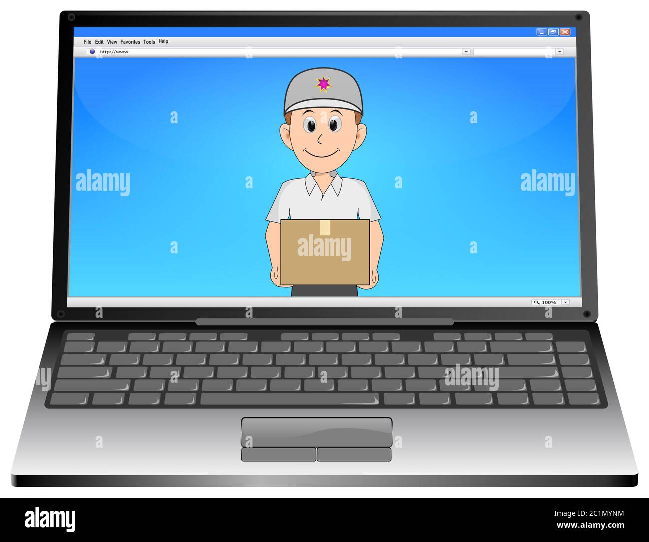 Ordinateur portable avec sympathique Courier livraison d'un colis sur un bureau bleu brillant - illustration 3D Banque D'Images