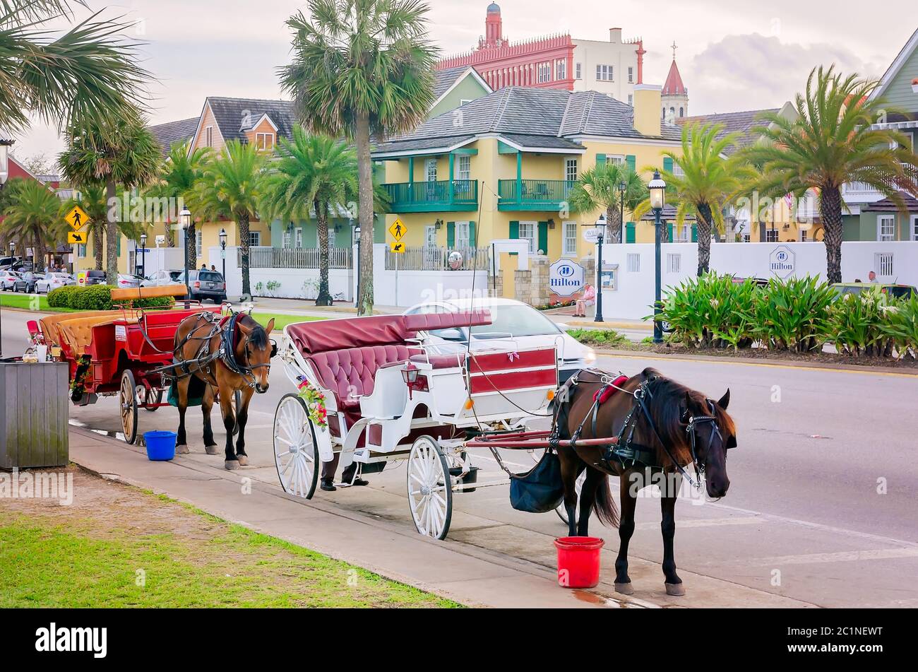 Des calèches tracées attendent les clients, le 10 avril 2015, dans le centre-ville de St. Augustine, Floride. Banque D'Images