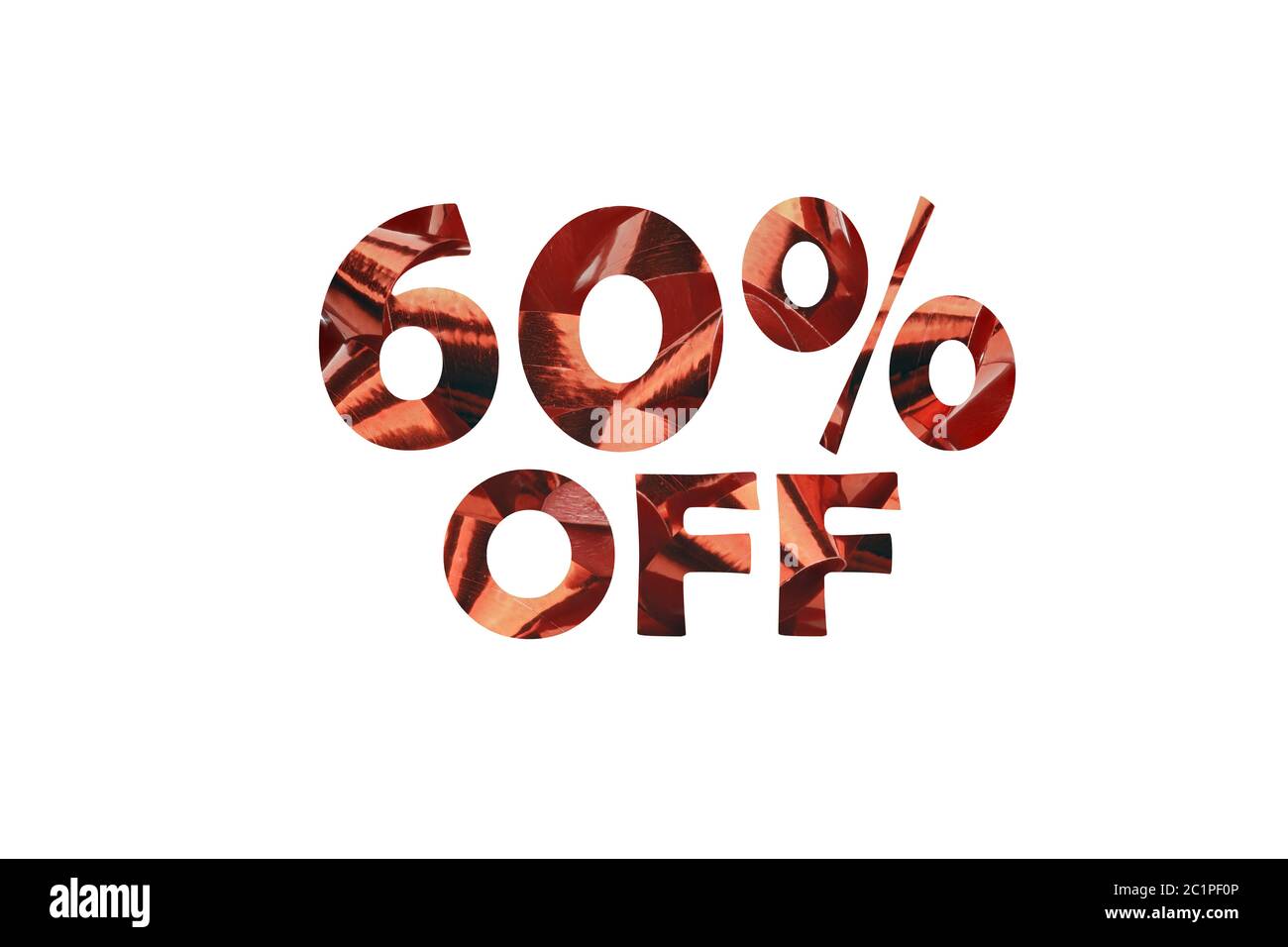 60 % off symboliquement représenté sous la forme d'un cut out texte 60 % off en face d'une boucle cadeau rouge Banque D'Images