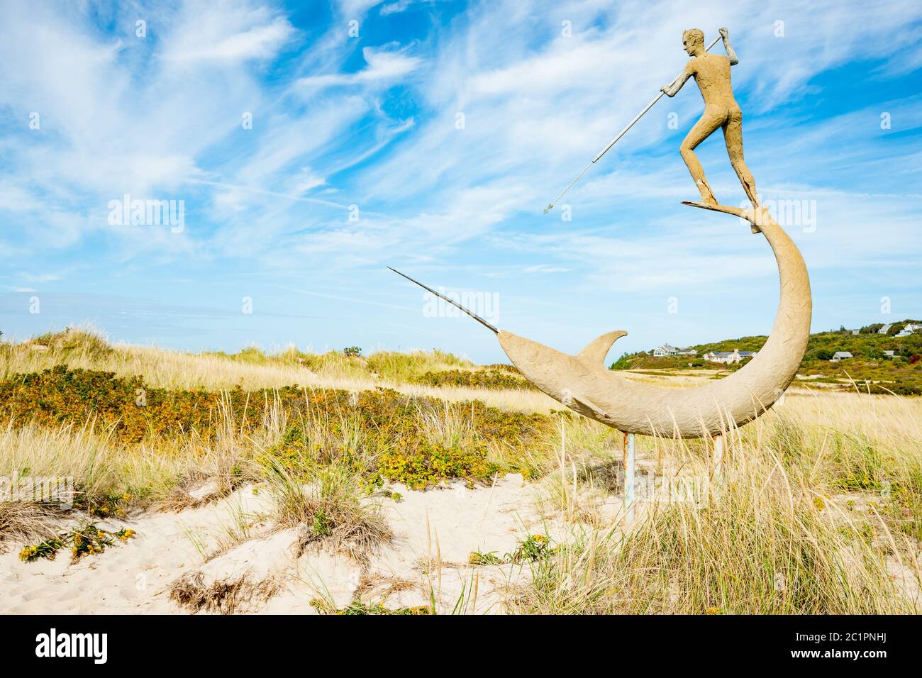 Martha's Vineyard USA - octobre 16 2014 ; sculpture Harpooner sur Martha's Vineyard New Eng ; terre du sculpteur Jay Lagemann installée en 1994. Banque D'Images