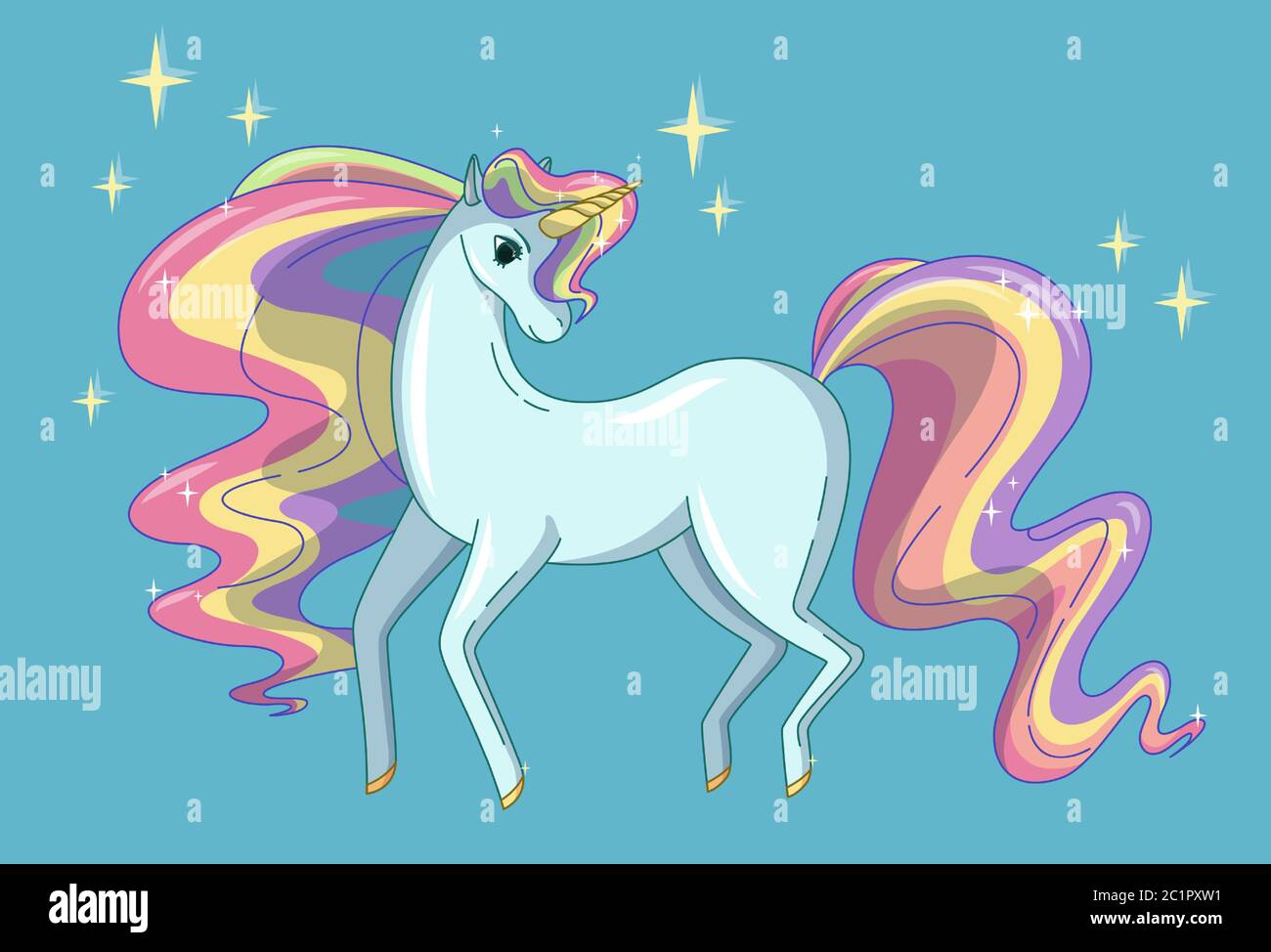 Jolie licorne avec des lamanes et une queue ondulées colorées comme un arc-en-ciel. Illustration vectorielle dans un joli style de dessin animé Illustration de Vecteur