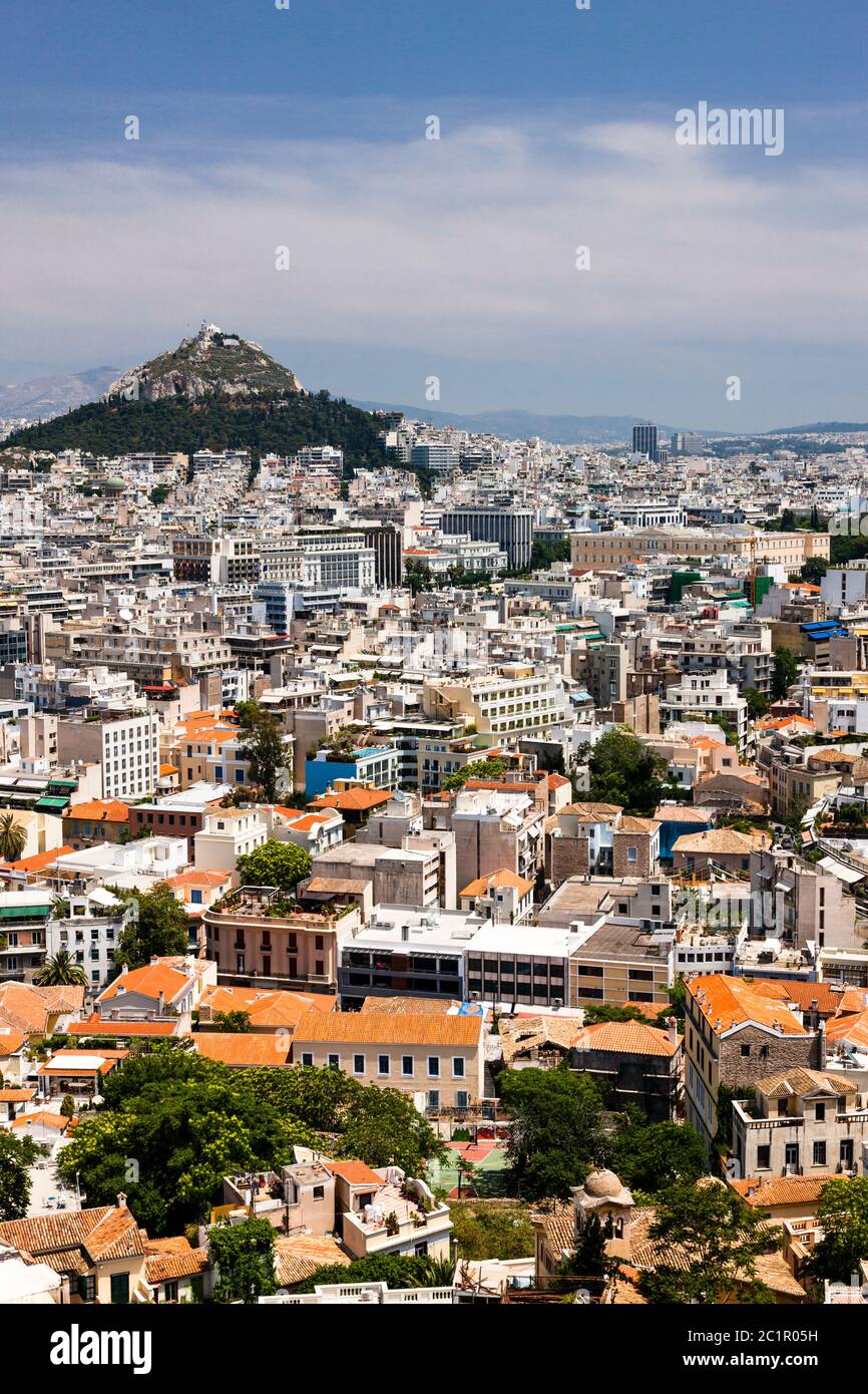 Paysage urbain et colline Lycabette, de l'Acropole d'Athènes, Athènes, Grèce, Europe Banque D'Images