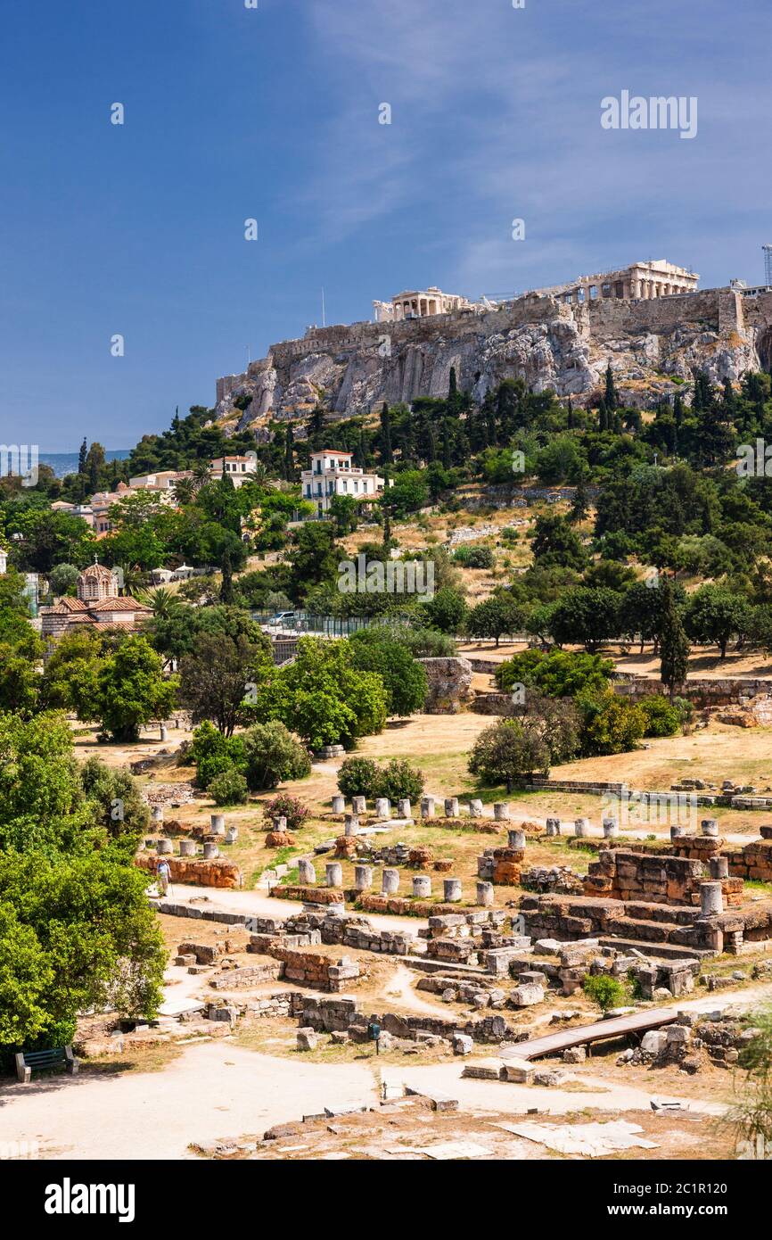 Ruines anciennes d'Agora et Acropole d'Athènes, Athènes, Grèce, Europe Banque D'Images