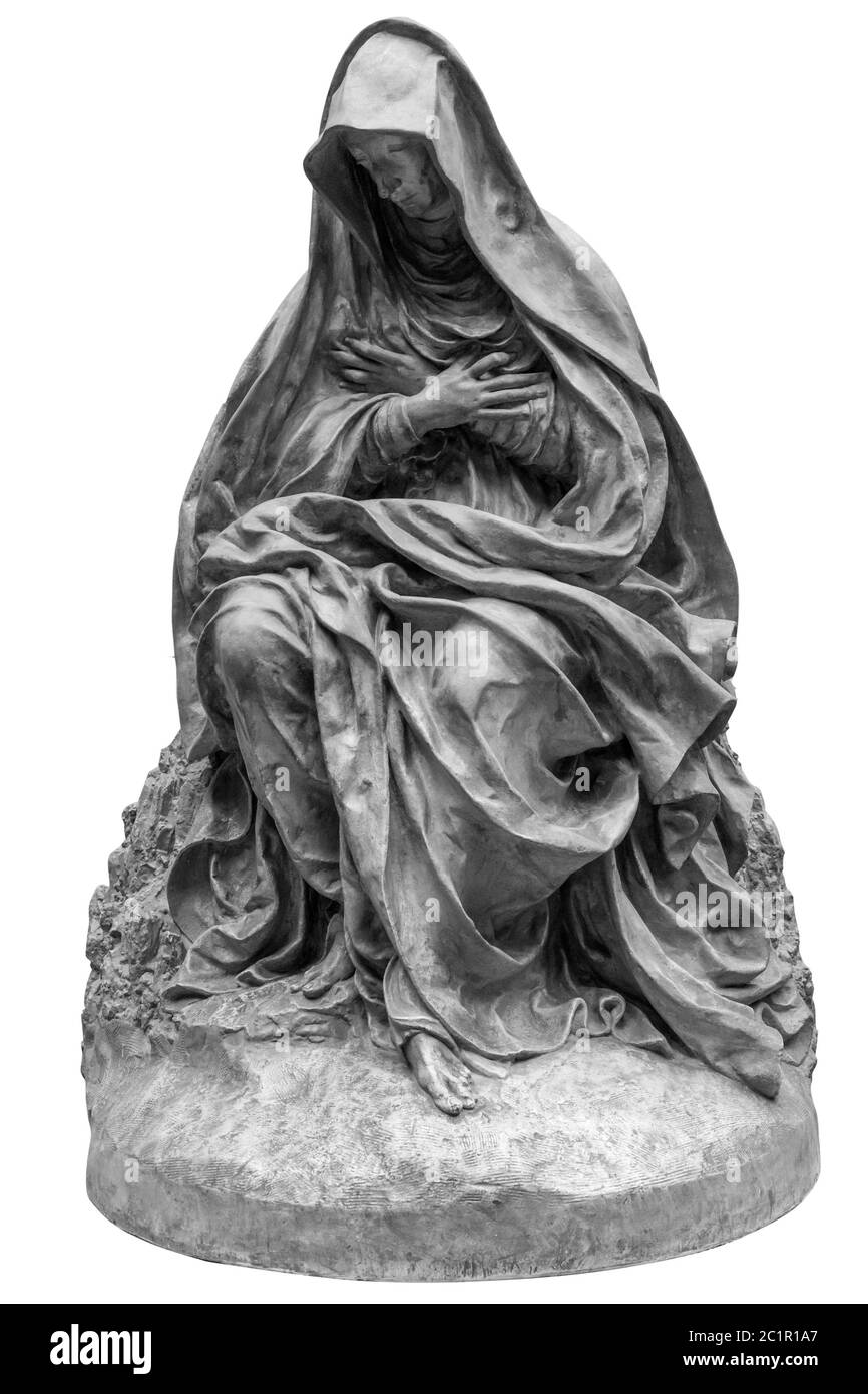 Ancienne statue d'une femme souffrant isolée sur blanc Banque D'Images Ancienne statue d'une femme souffrant isolée sur blanc Banque D'Images